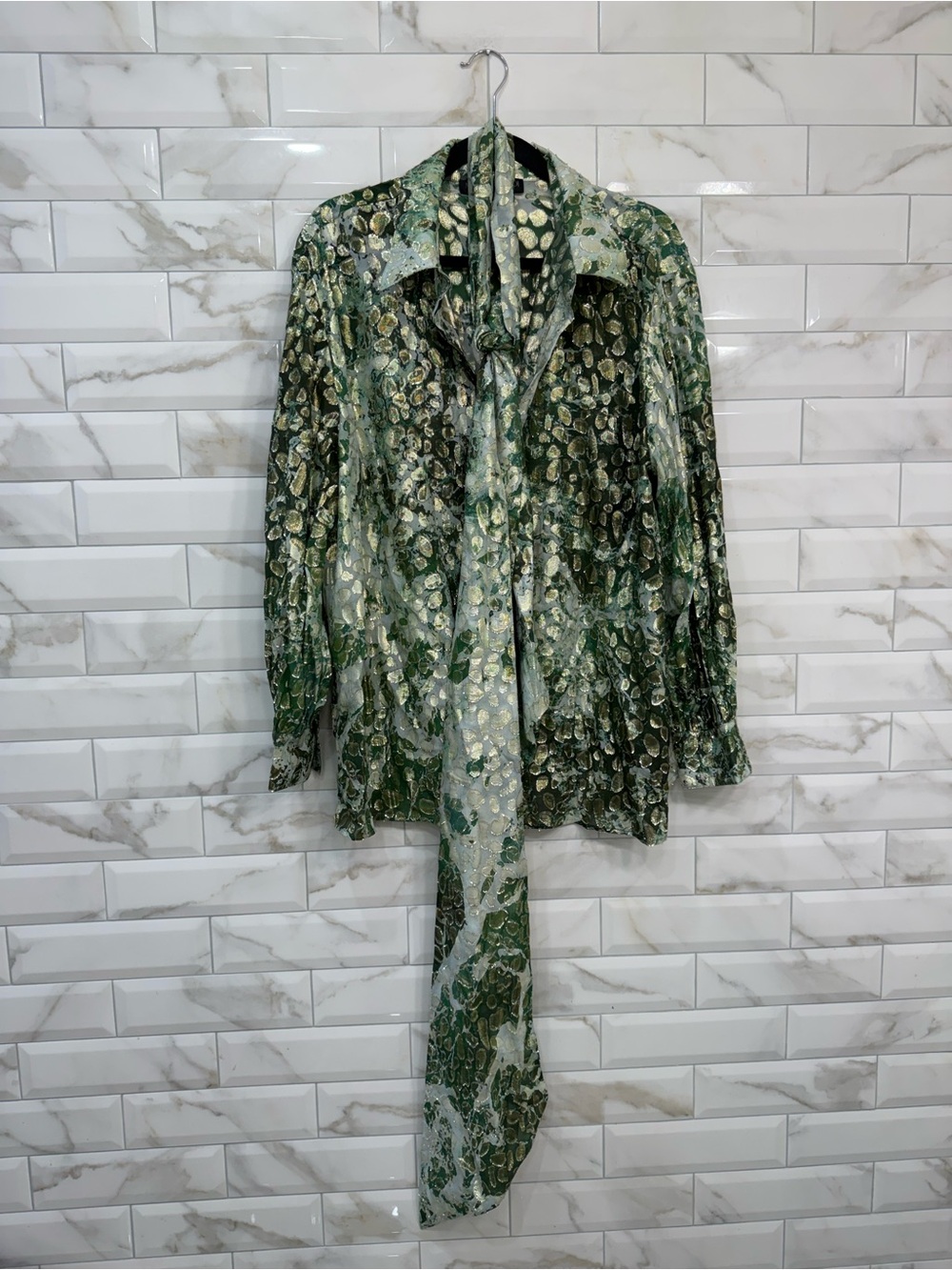 Marina Rinaldi Green Patterned Long-Sleeve Blouse with Removable Scarf